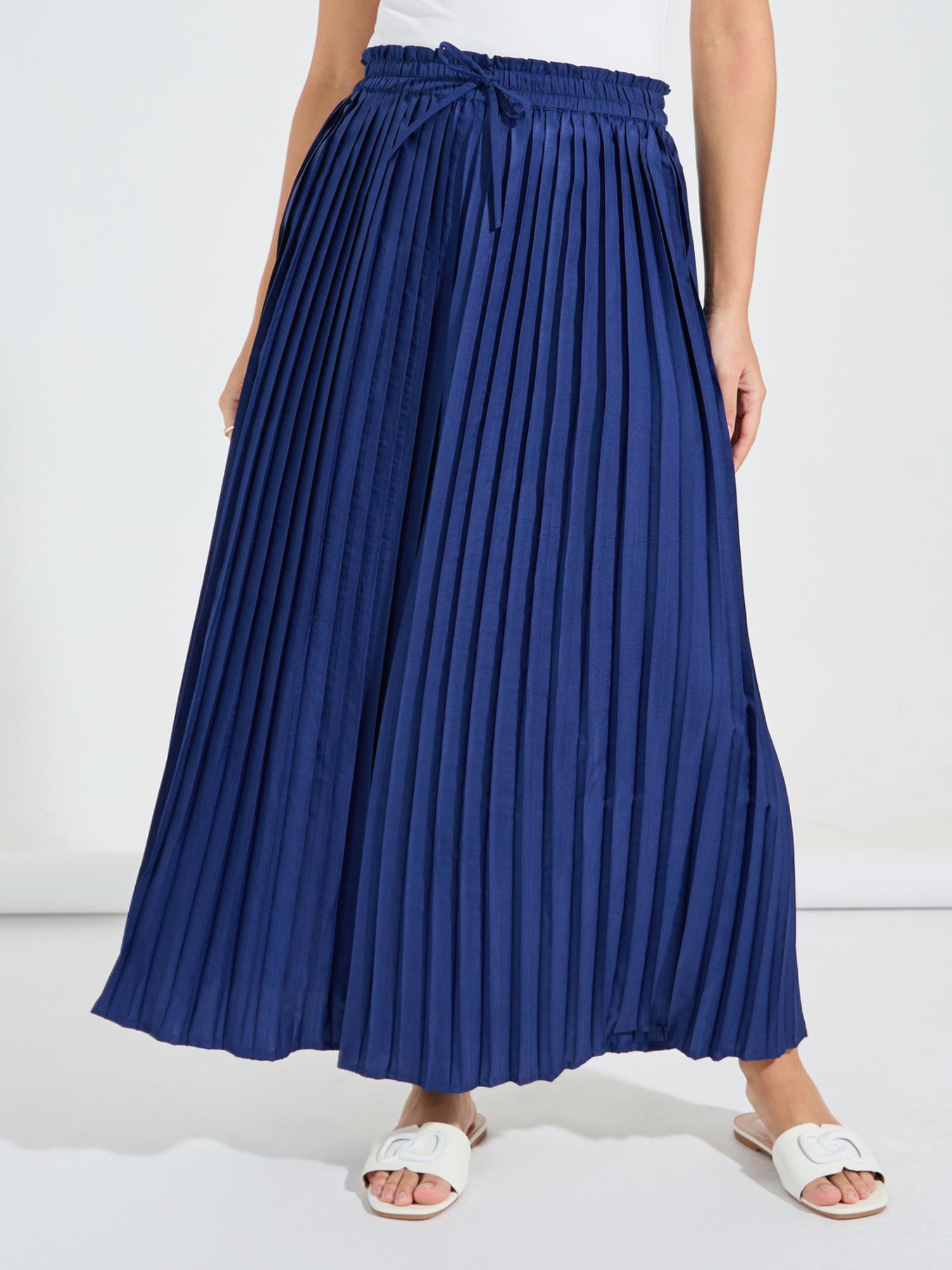 women navy blue solid wide leg paper bag waist pleated palazzo