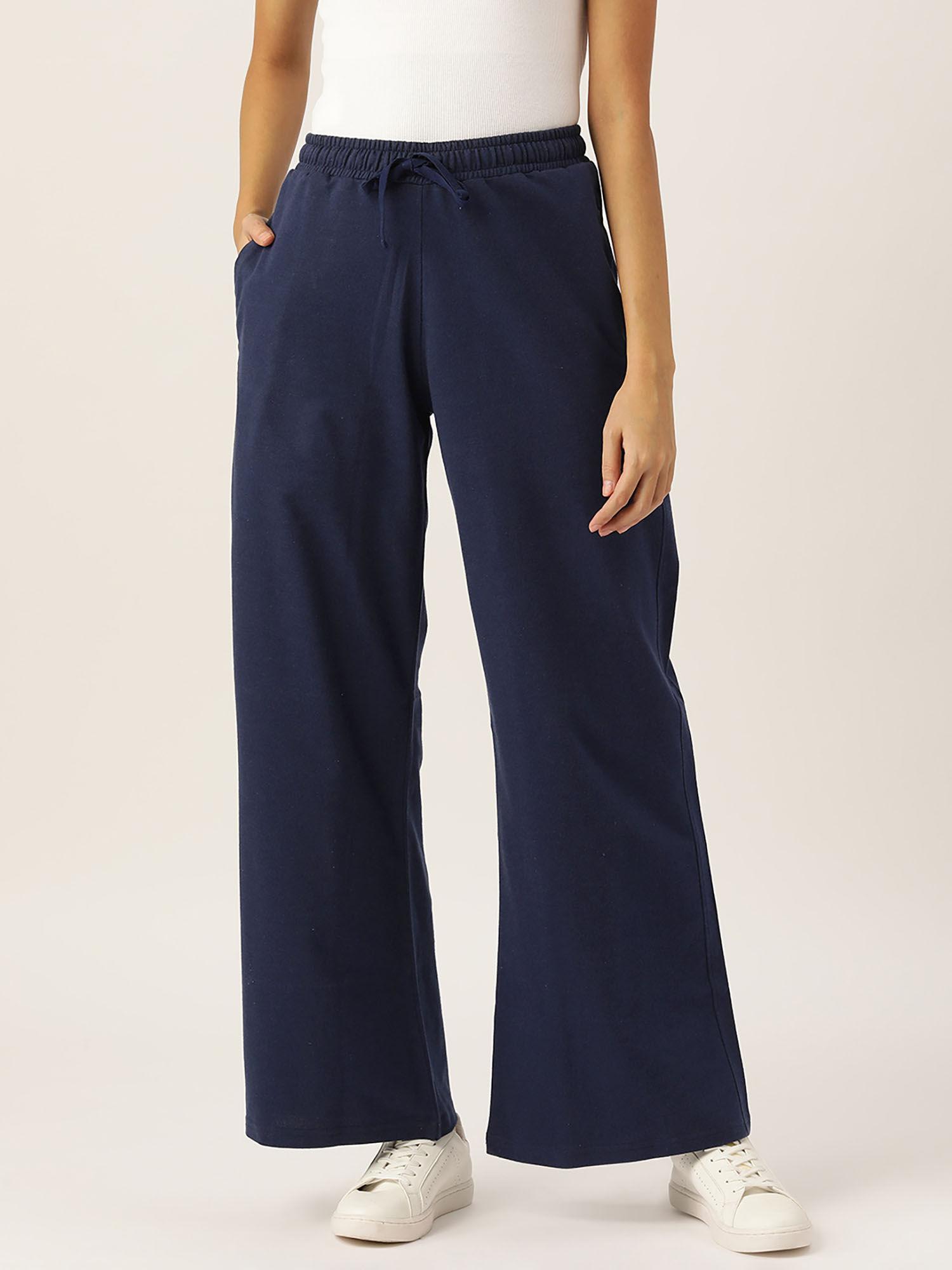 women navy blue solid wide leg track pants