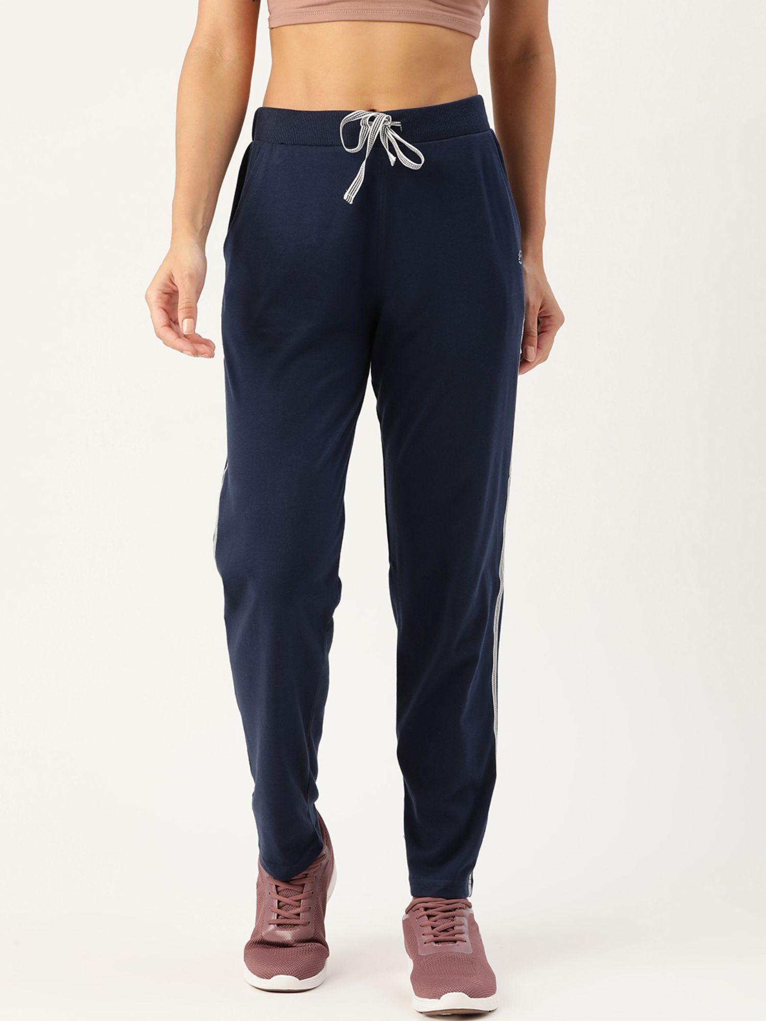 women navy blue solid with side tape cotton straight fit track pant