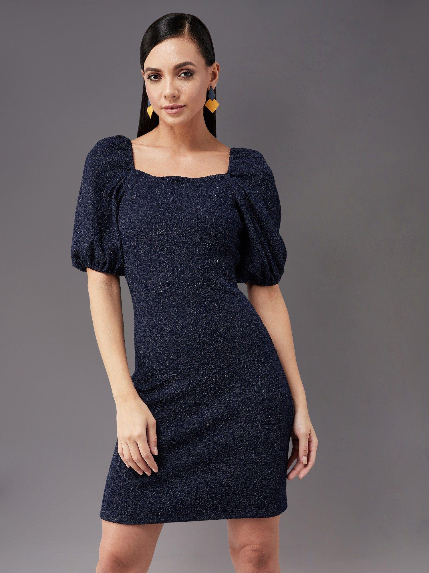 women navy blue square neck puff sleeve solid bodycon dress