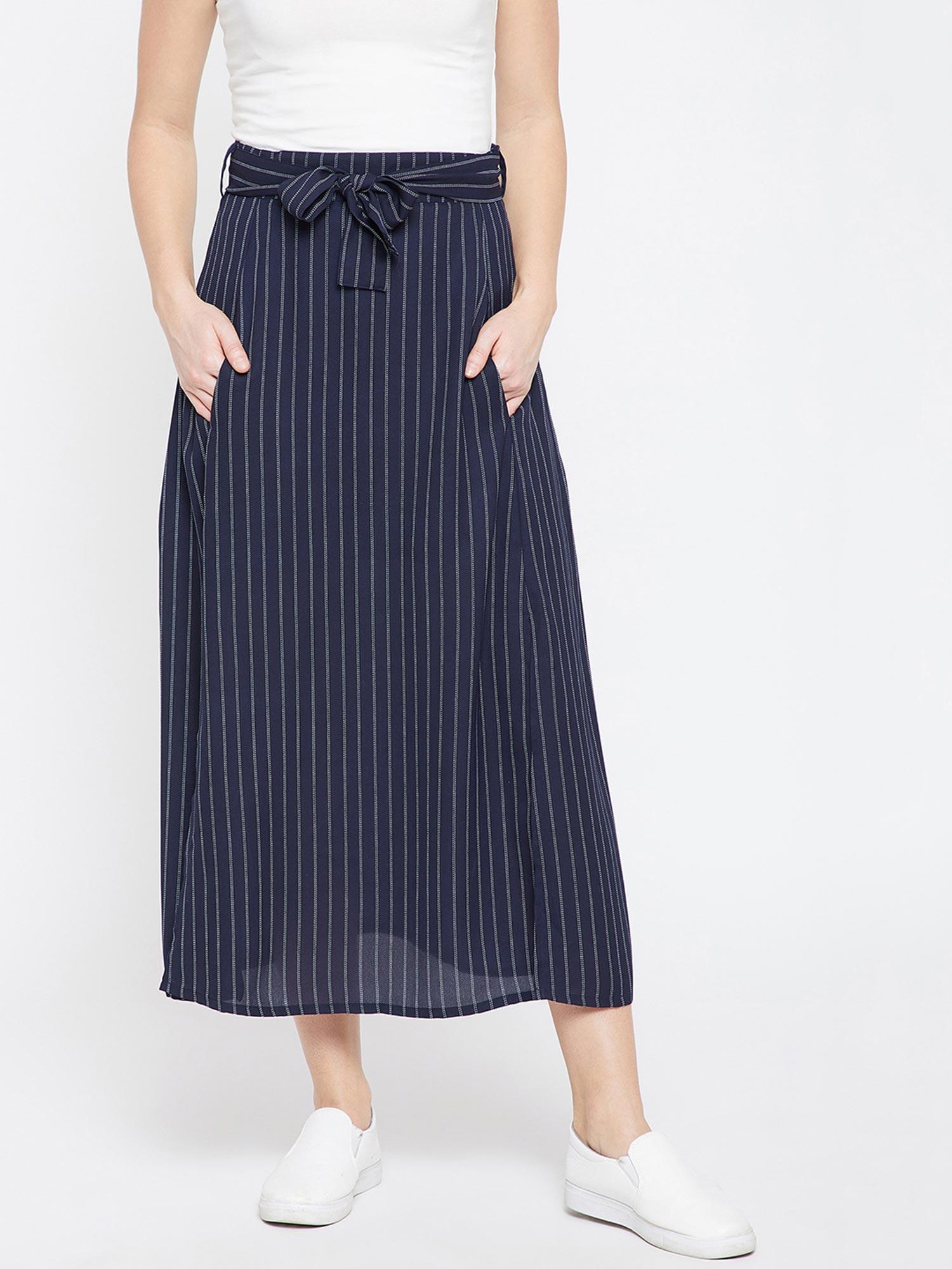 women navy blue striped a-line midi skirt