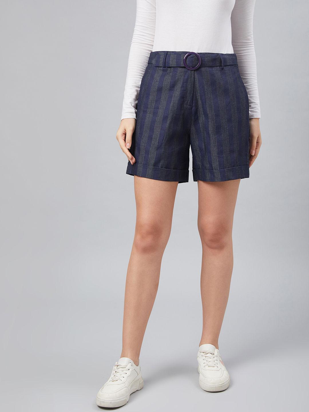 women navy blue striped above knee high-rise regular shorts with belt (set of 2)