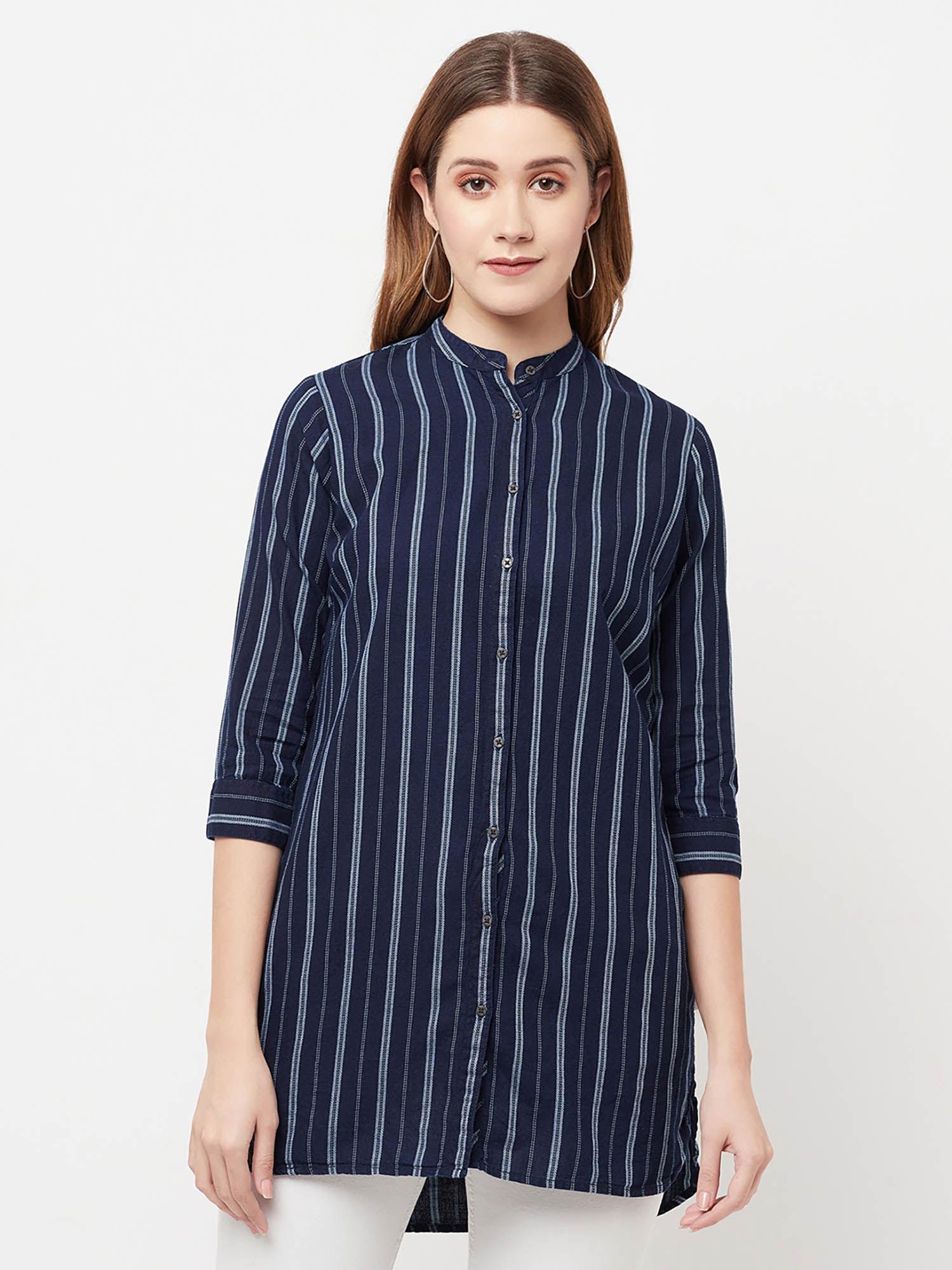 women navy blue striped longline shirt