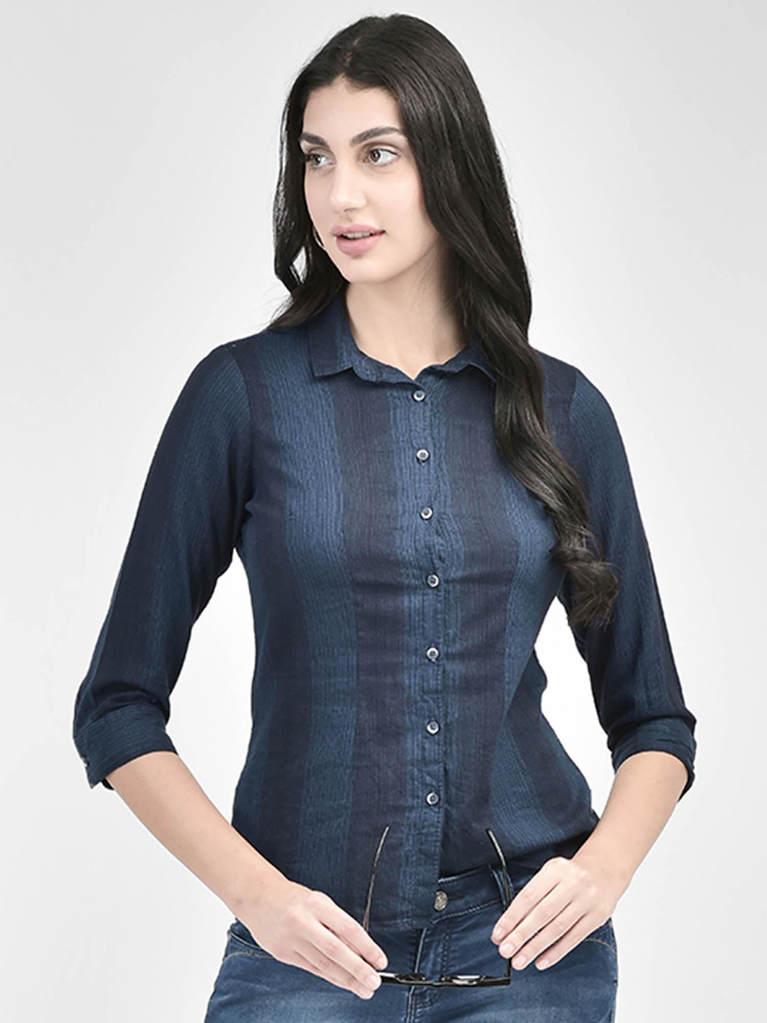 women navy blue striped shirt