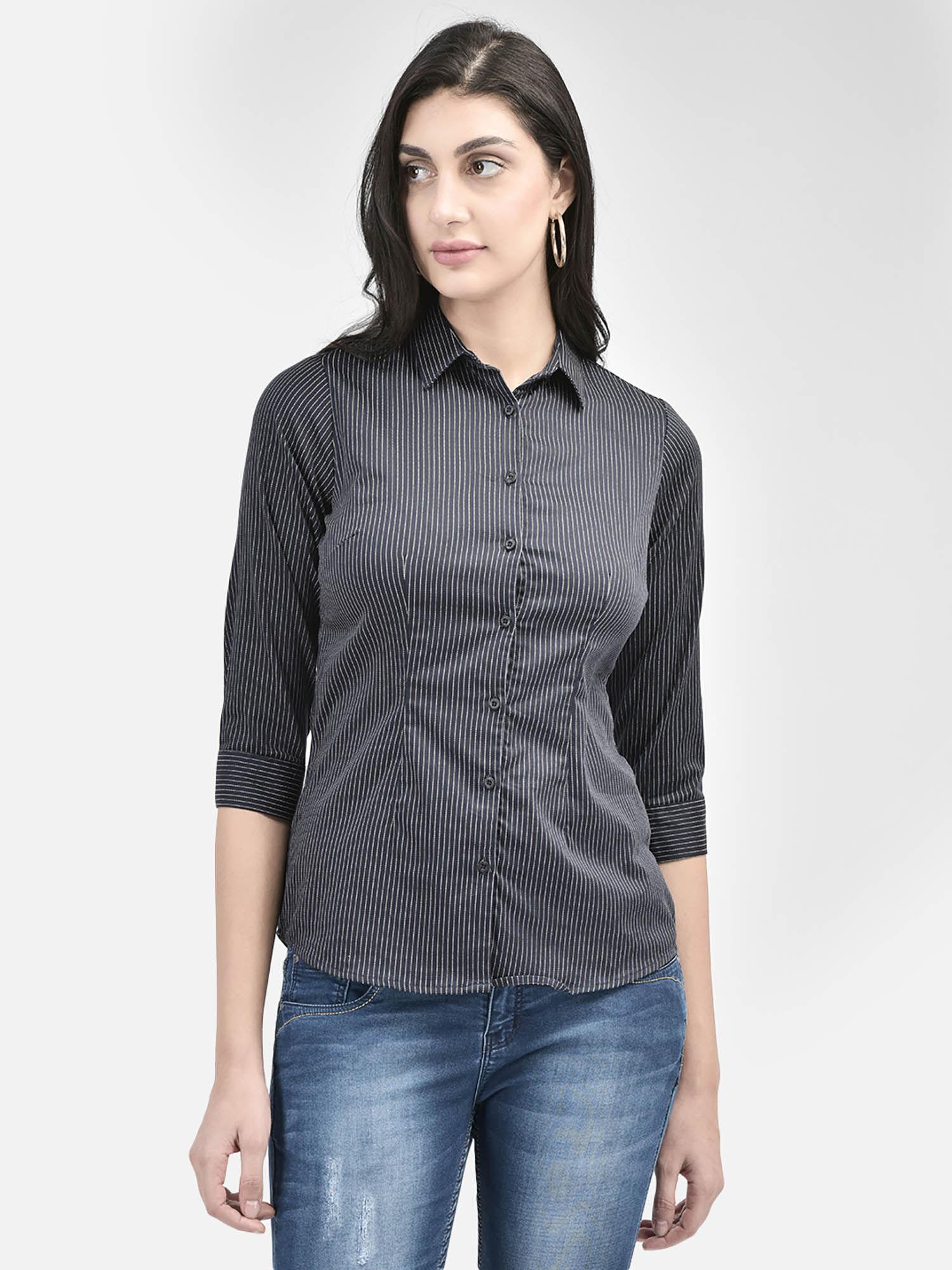 women navy blue striped shirt