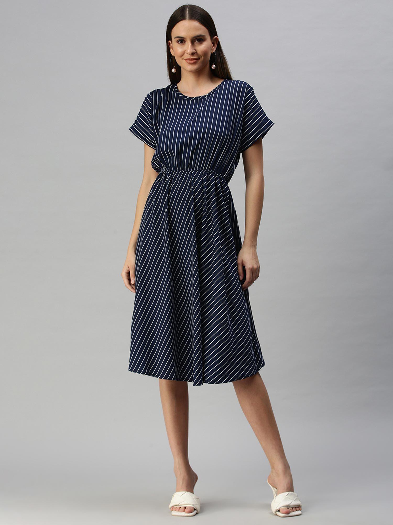 women navy blue stripes round neck dress