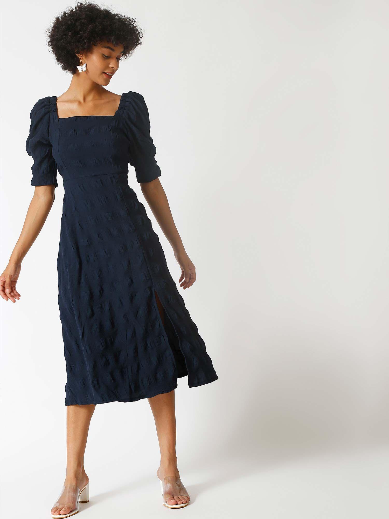 women navy blue stylish casual midi dresses