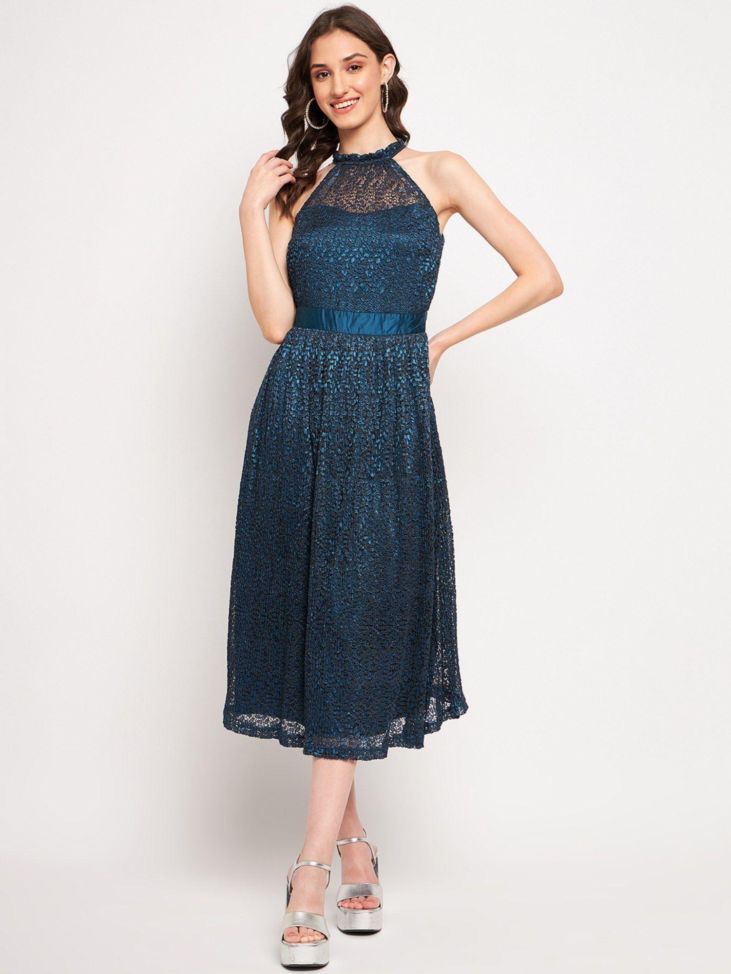 women navy blue textured dress