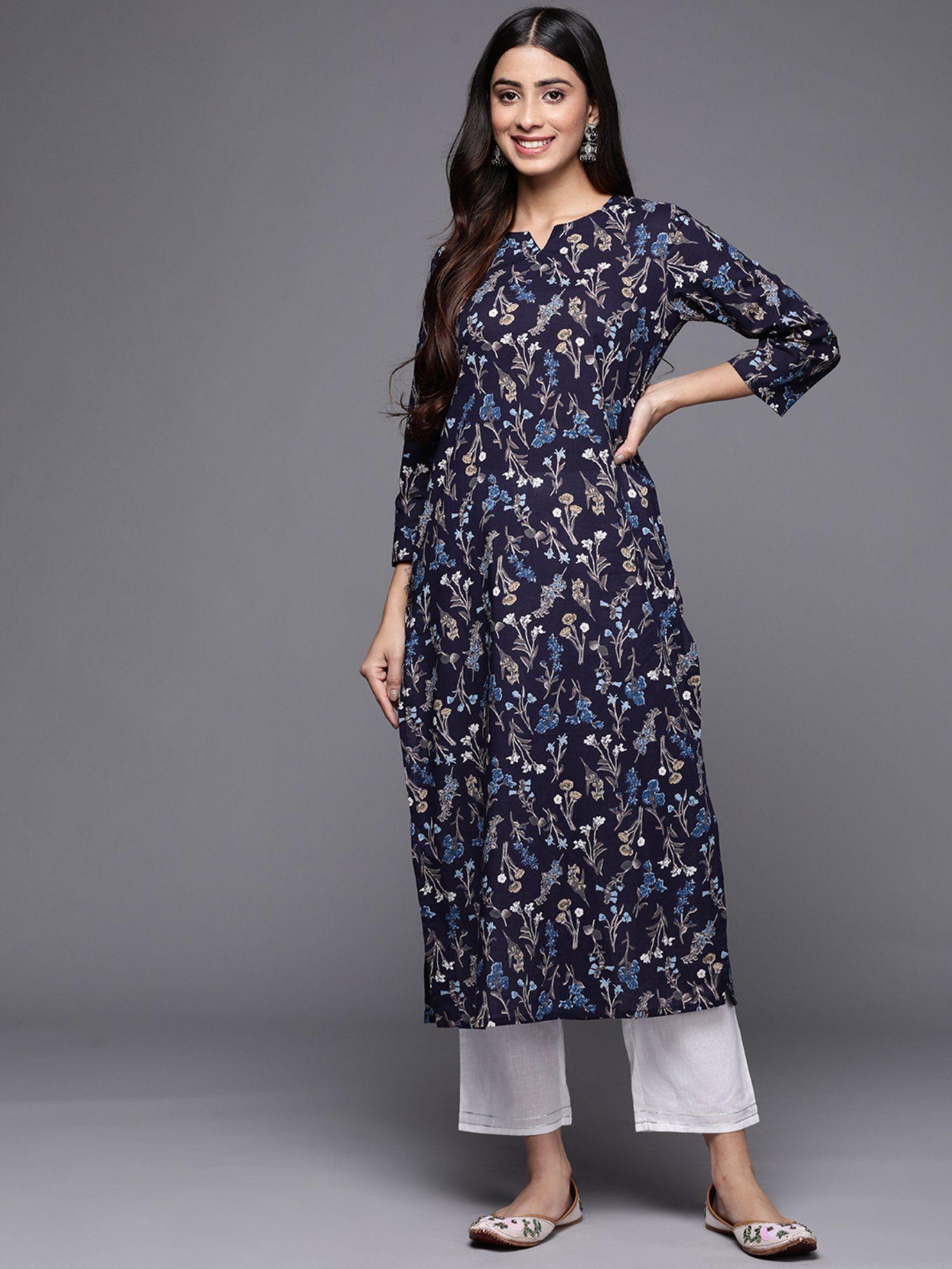 women navy blue three fourth sleeve straight kurta