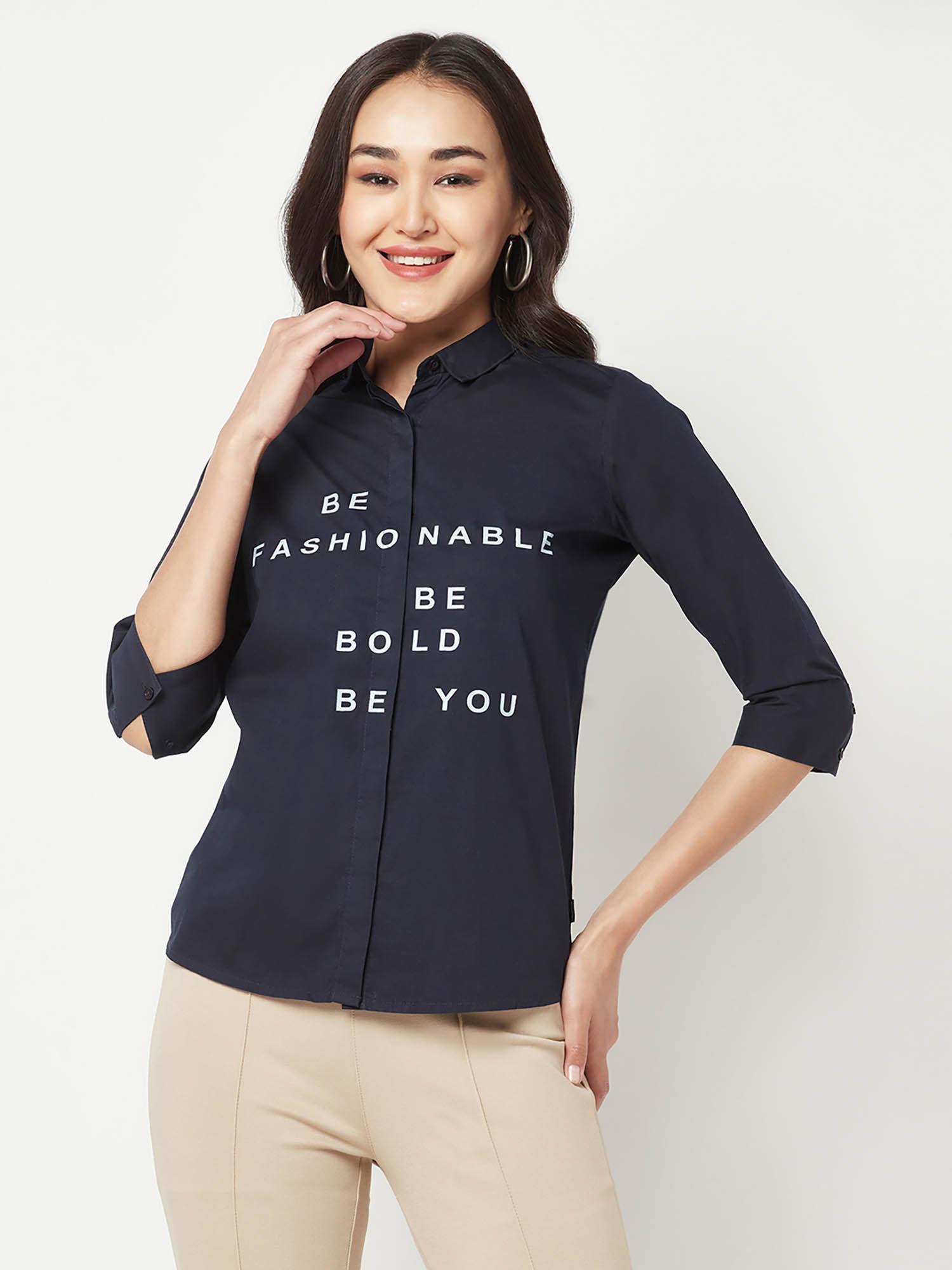 women navy blue typography shirt