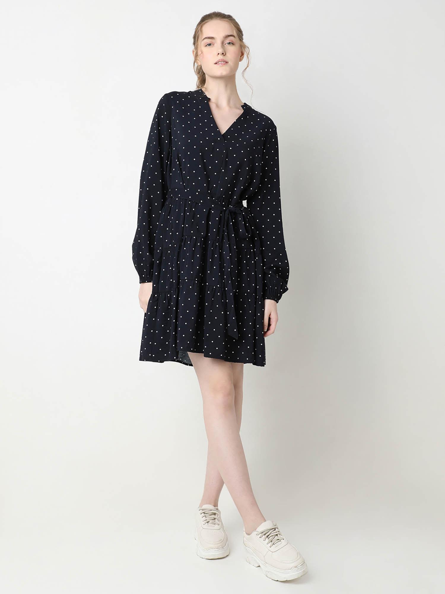 women navy blue viscose polka dots mini dress with belt (set of 2)