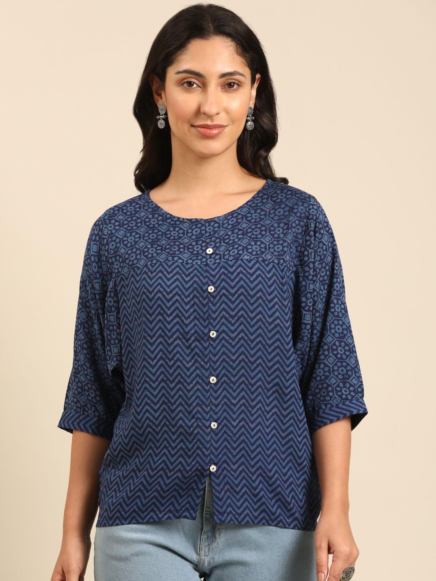 women navy blue viscose printed top