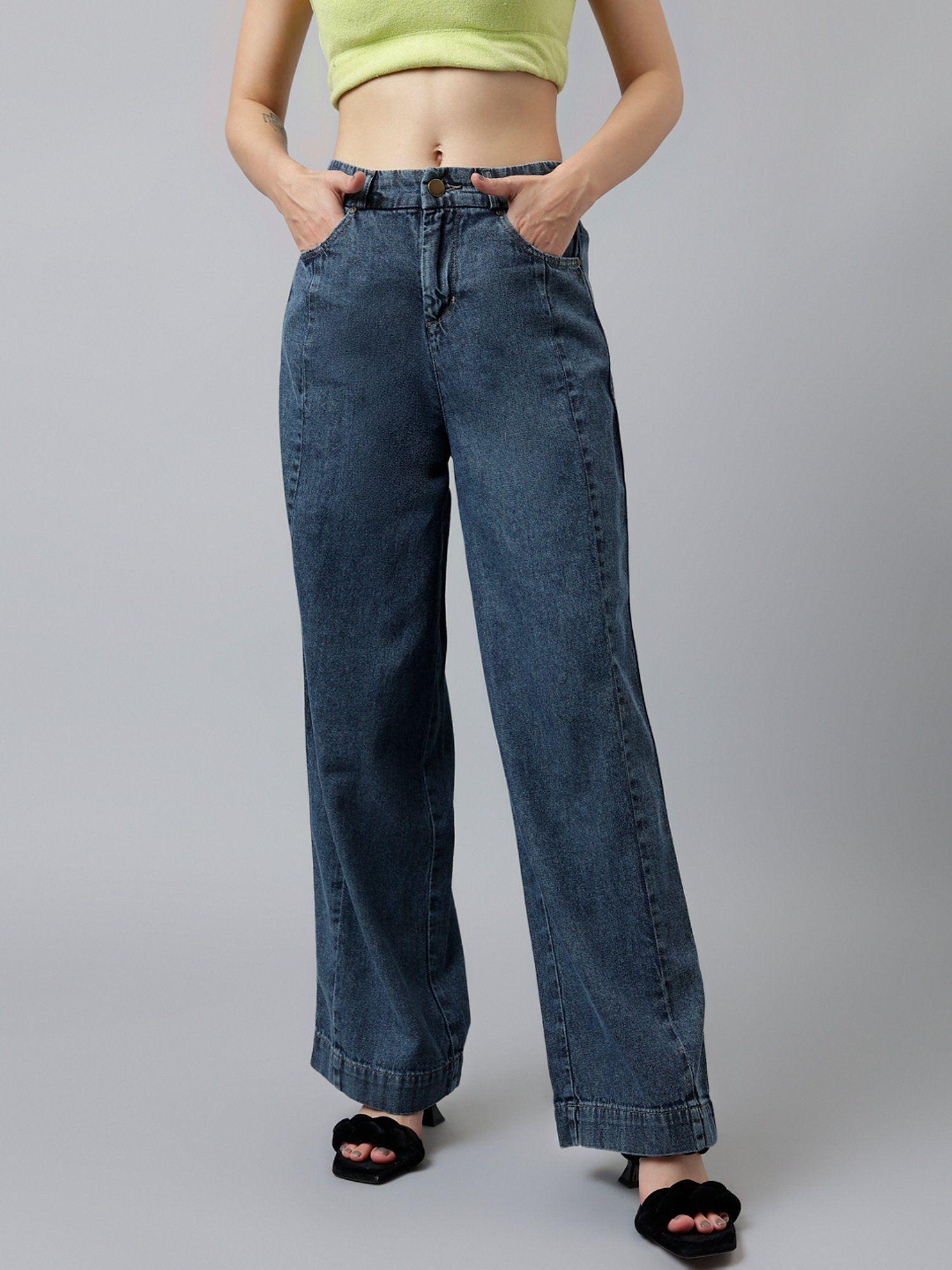 women navy blue wide leg high rise cotton denim trouser