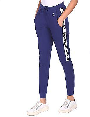 women navy brand tape drawstring waist track pants