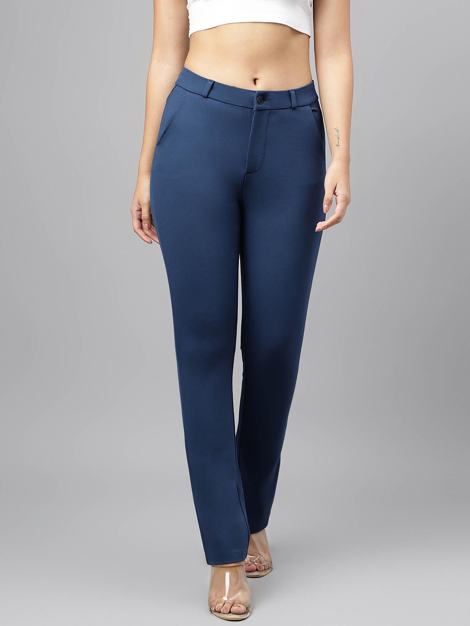 women navy comfort straight slim fit high-rise trouser