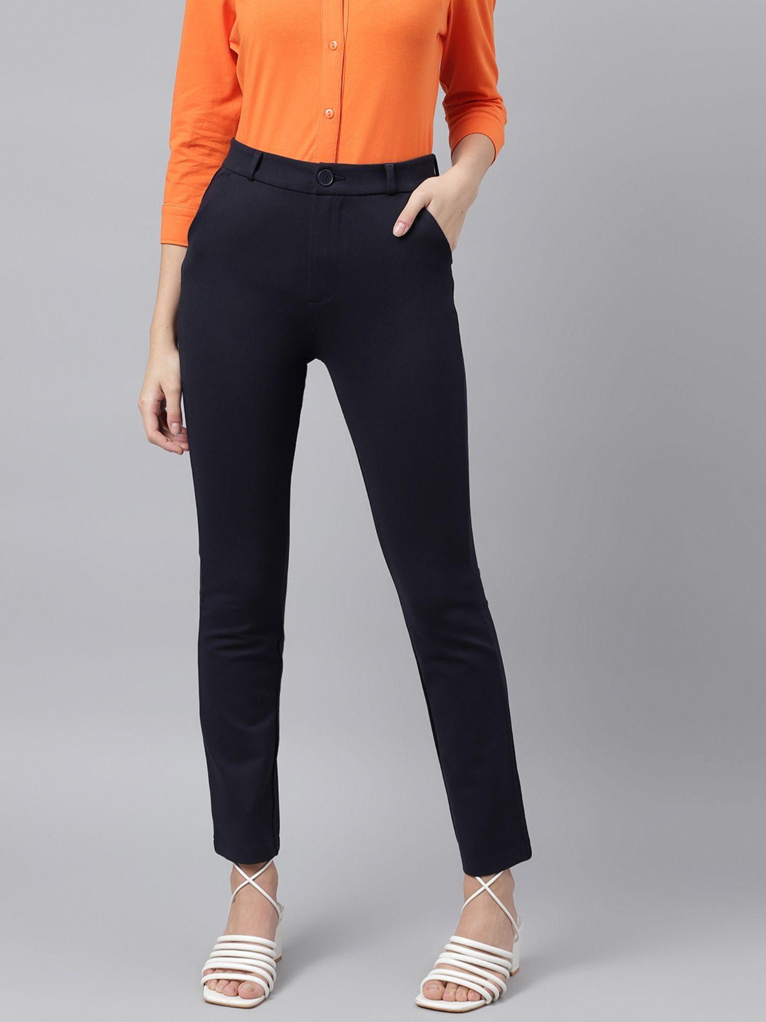 women navy comfort straight slim fit high rise trousers