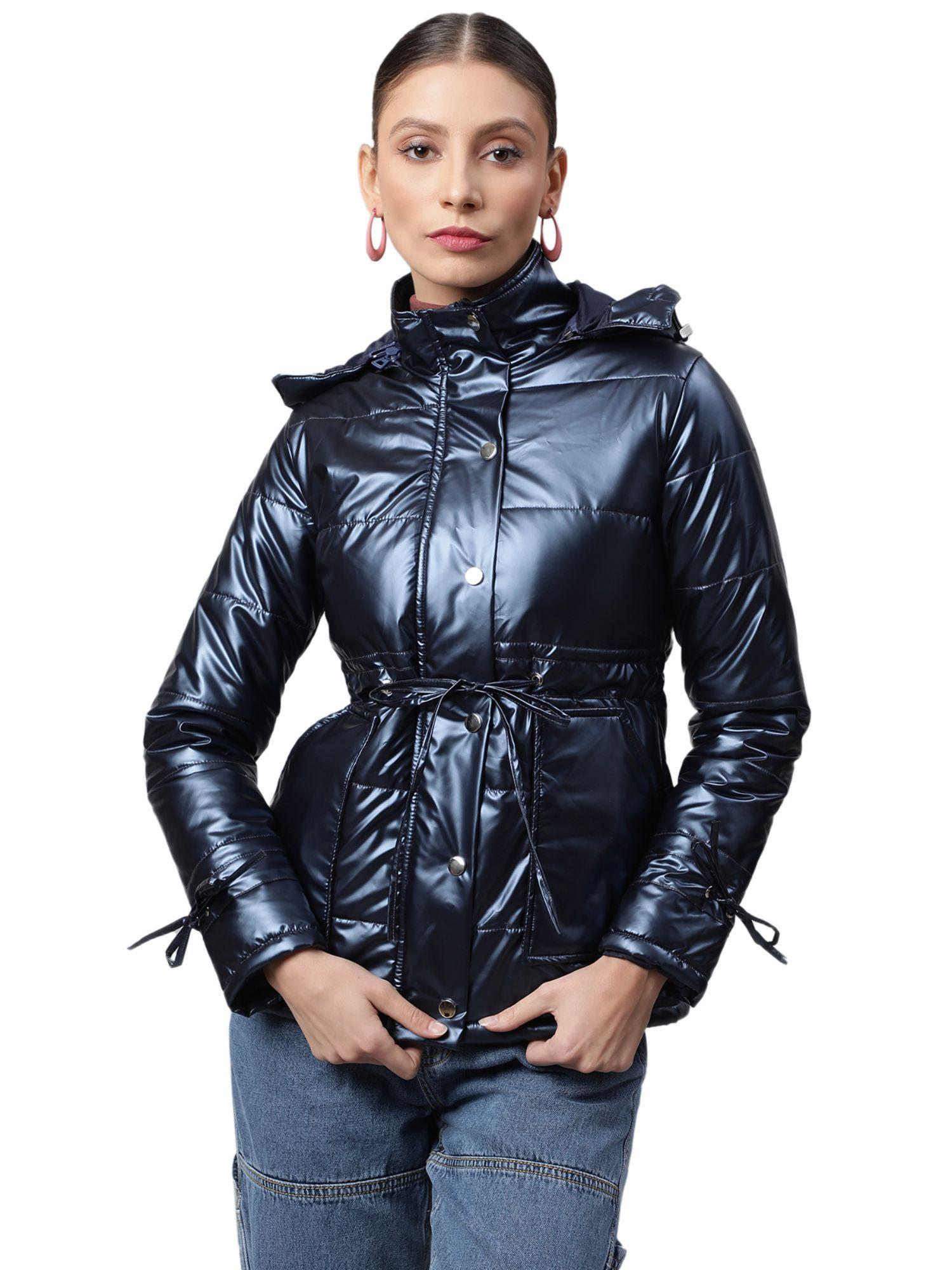 women navy detachable hood metallic puffer jacket