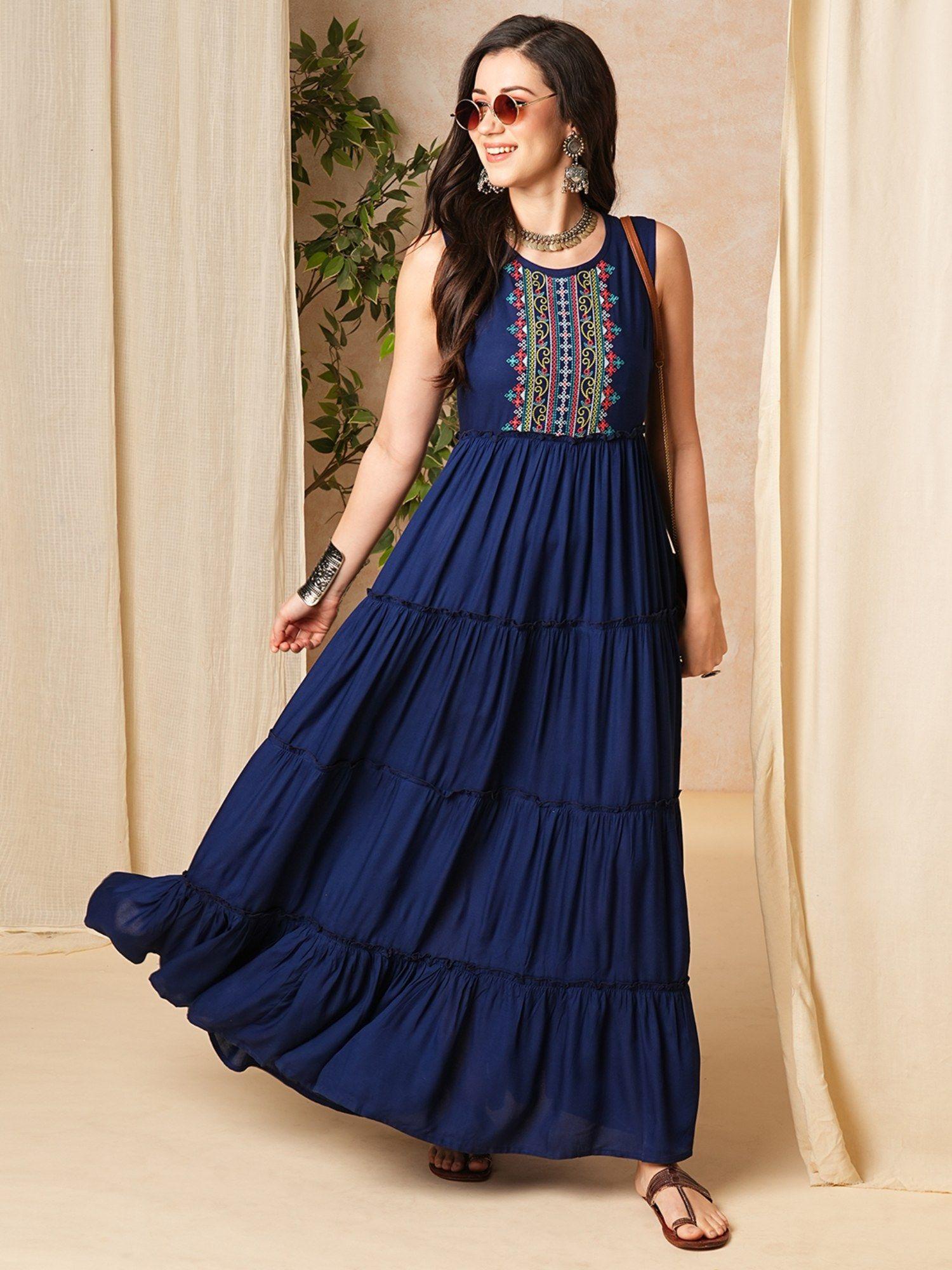 women navy embroidered yoke gathered tiered fit & flare maxi dress