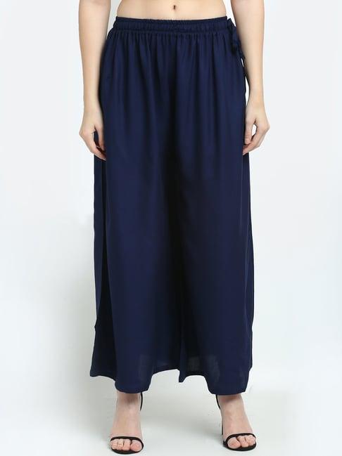 women navy excess flared rayon palazzo with fully elasticated waistband, slip on closure, drawstrings at the side along with 2 pockets on the side.