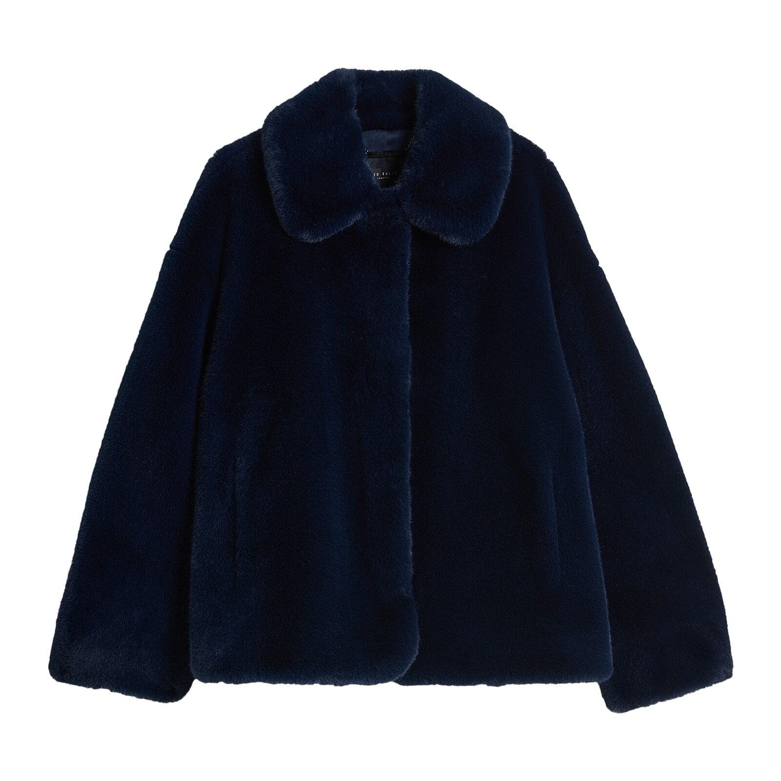 women navy faux fur hip length coat