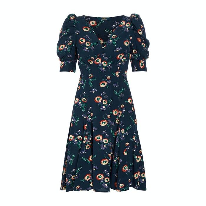 women navy floral crepe mutton-sleeve dress