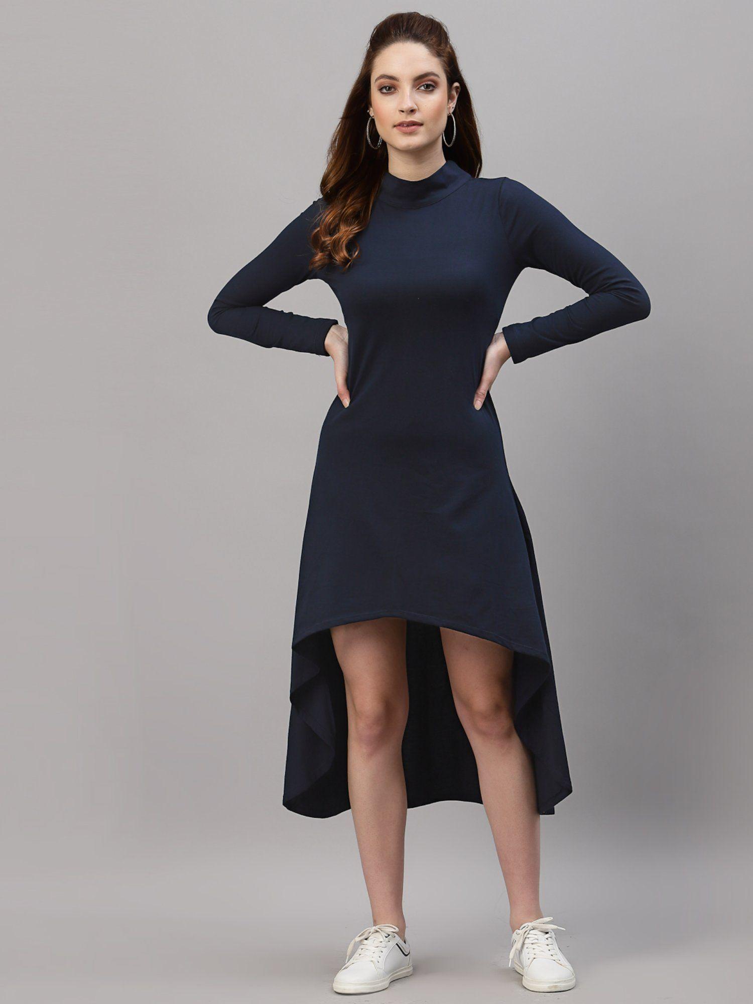 women navy high low midi dress