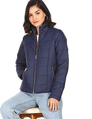 women navy high neck quilted jackets