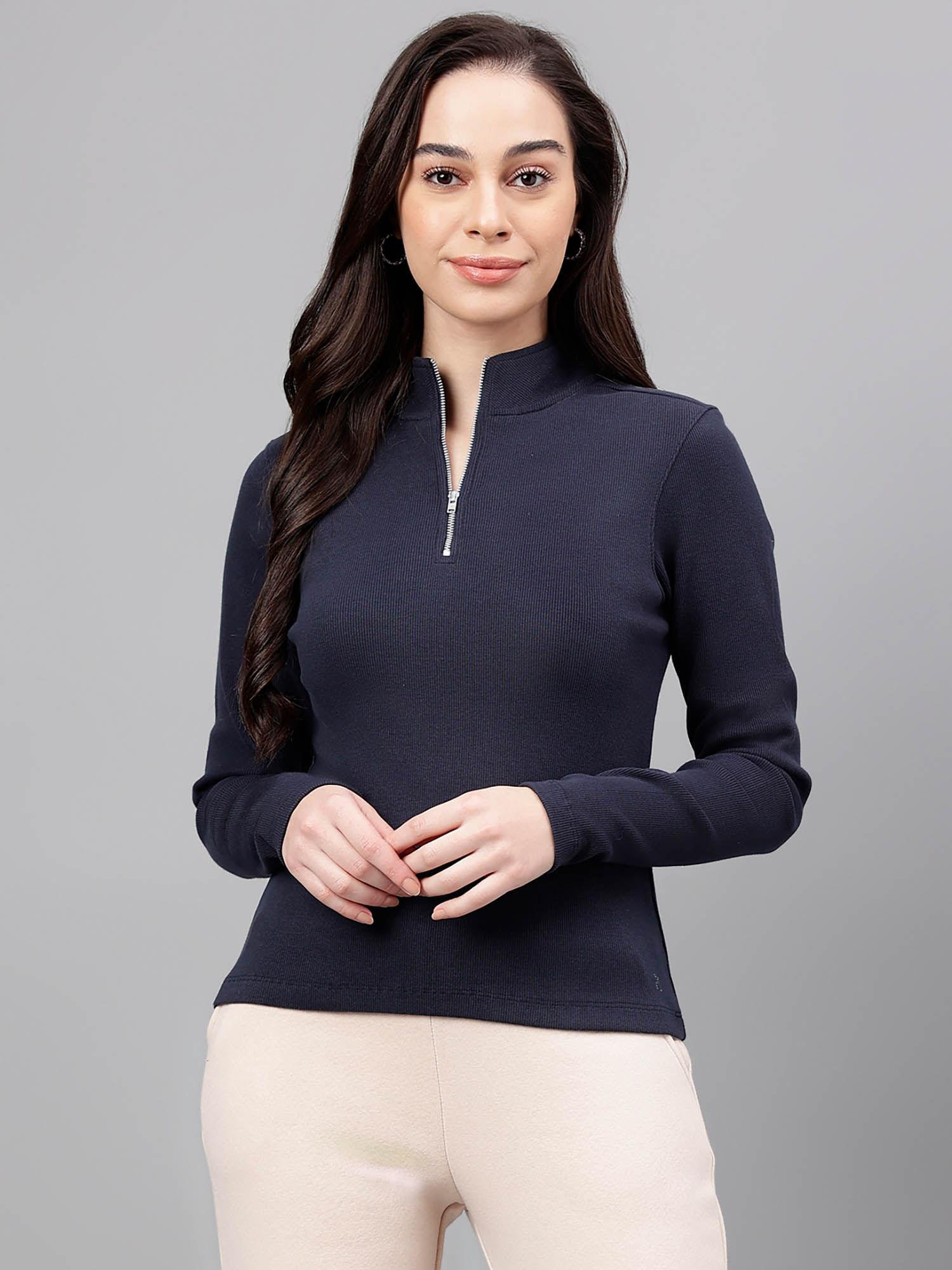 women navy high neck ribbed fitted top