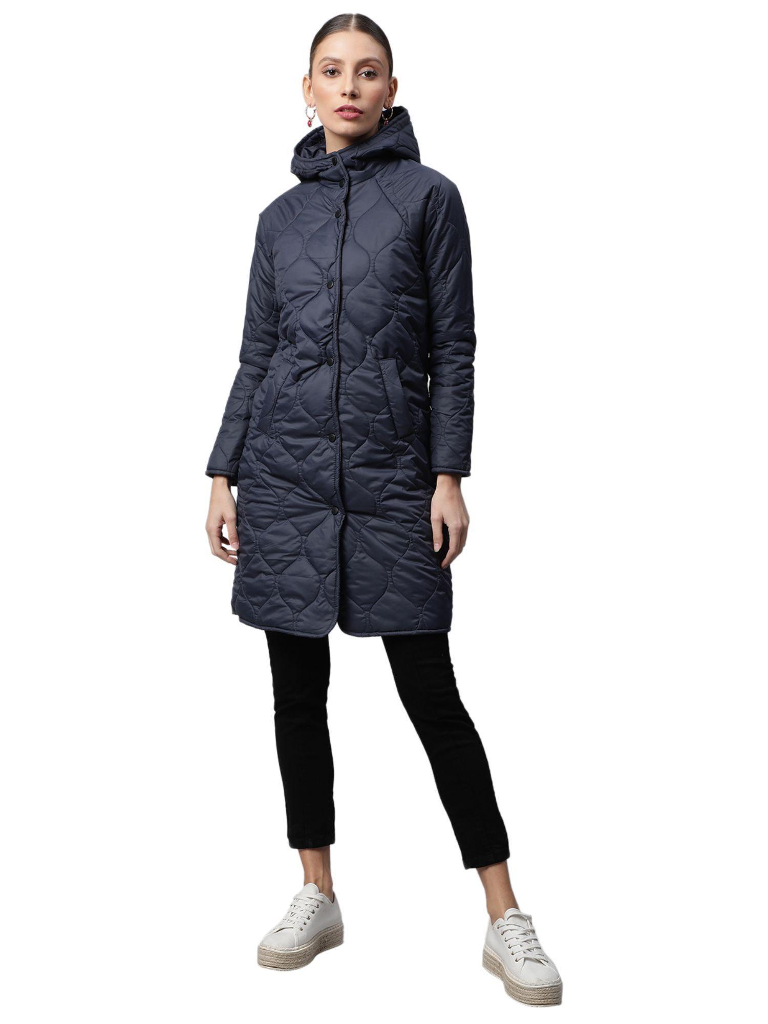 women navy hooded wavy puffer long jacket