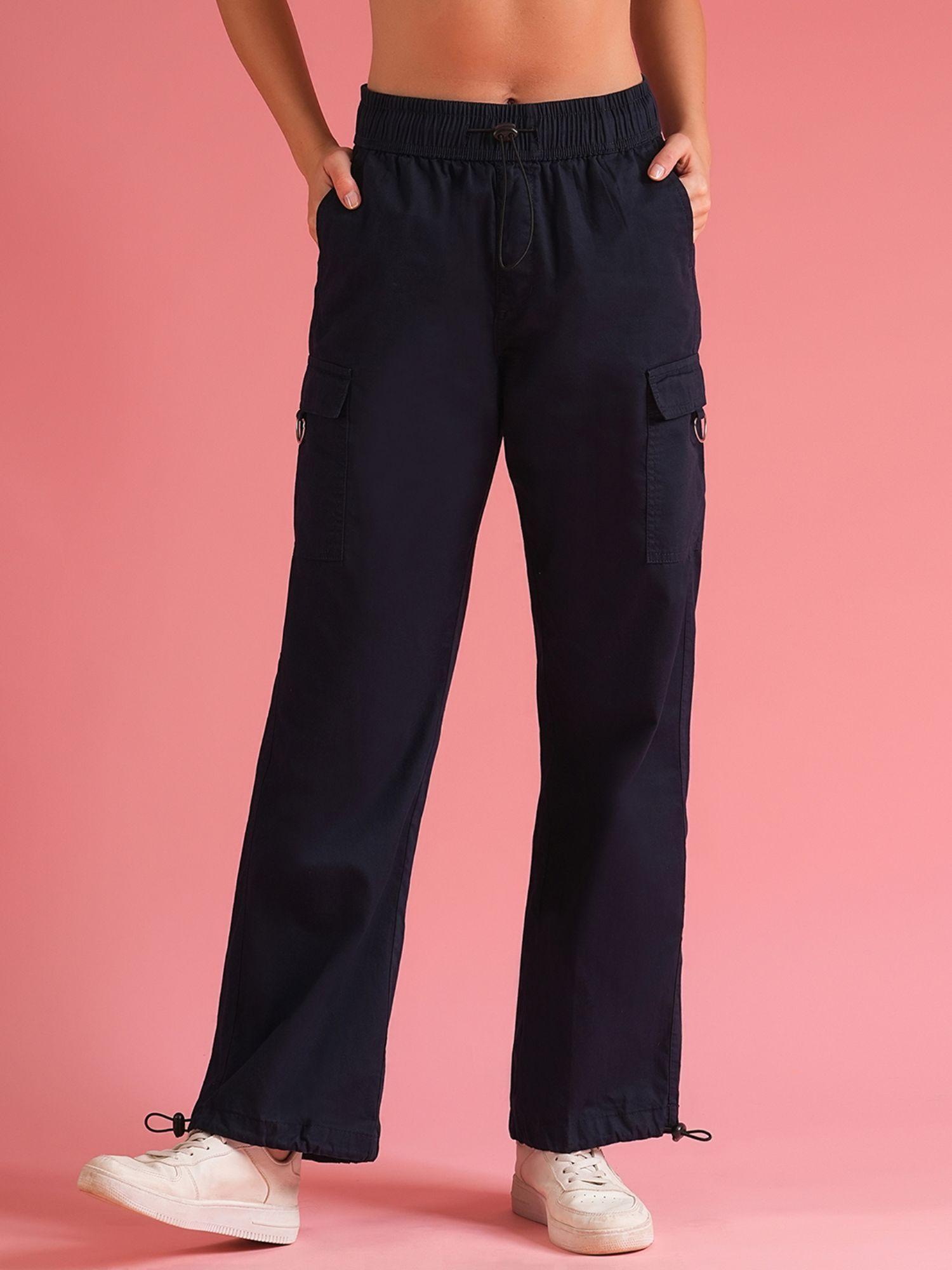 women navy loose fit mid-rise cargo trousers