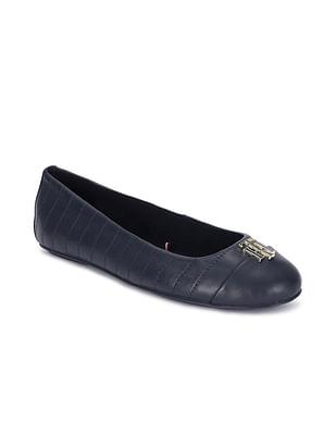 women navy metallic logo leather ballerinas