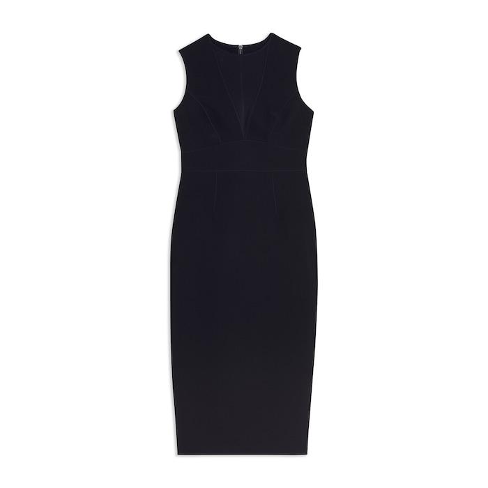 women navy midi bodycon dress with sheer v-neck