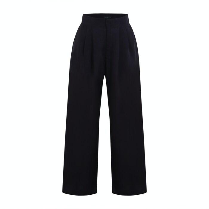 women navy pleated front wide leg trousers