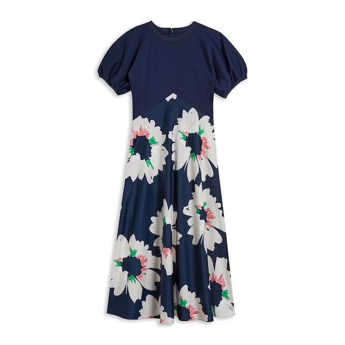 women navy ponte top dress with midi skirt