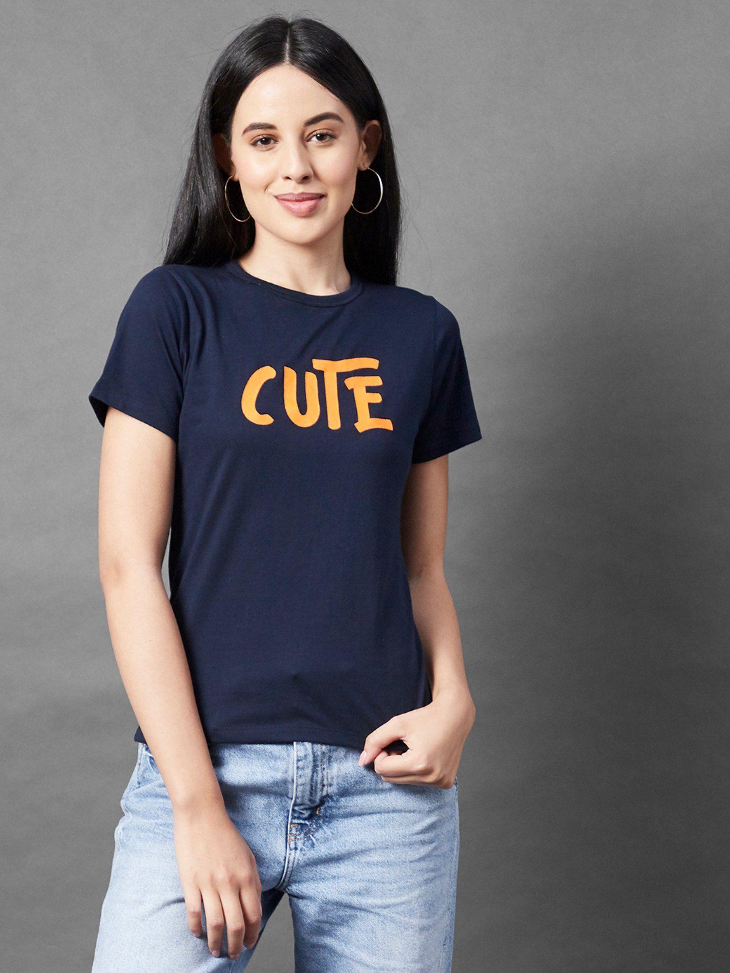 women navy printed crew neck half sleeve cotton t-shirt