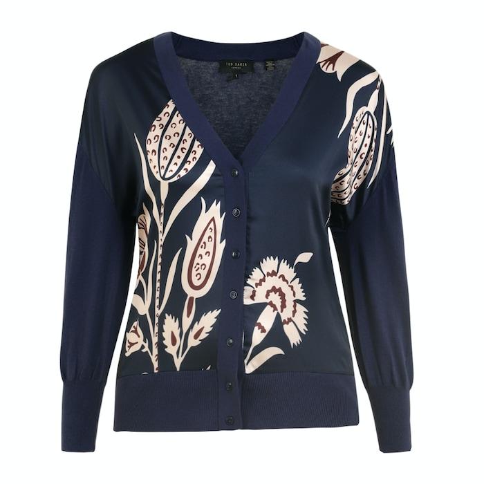 women navy printed front woven cardigan