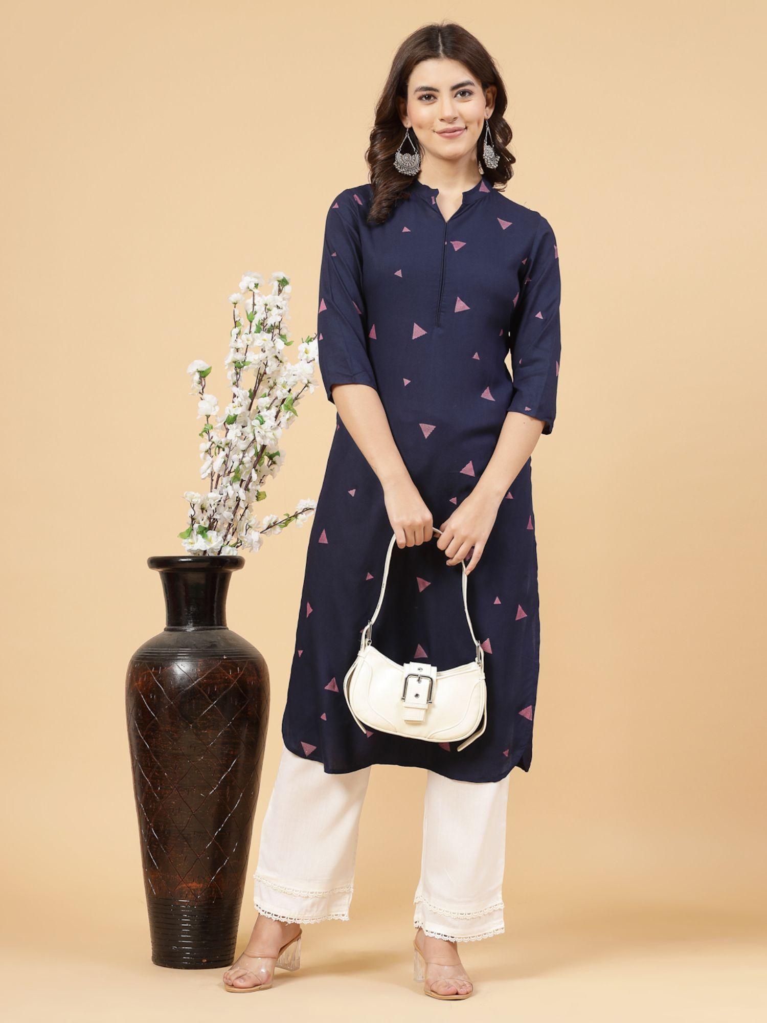 women navy printed straight kurta