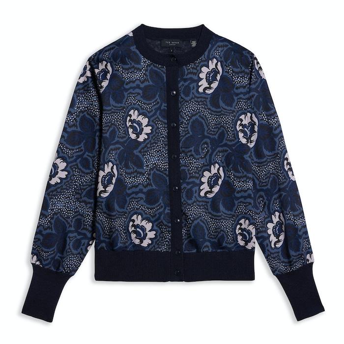 women navy printed woven front cardigan