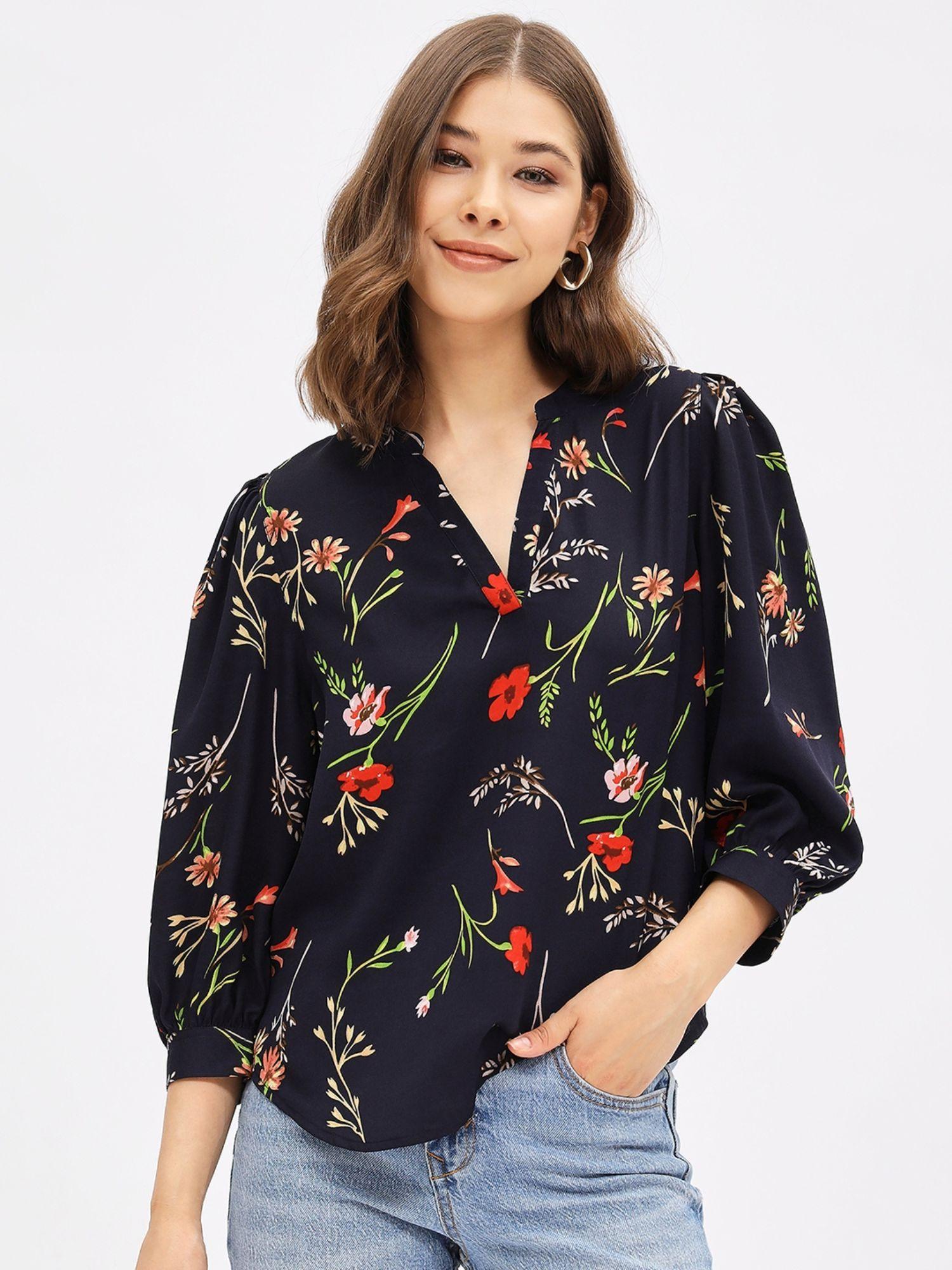 women navy regular fit floral printed three fourth sleeves top