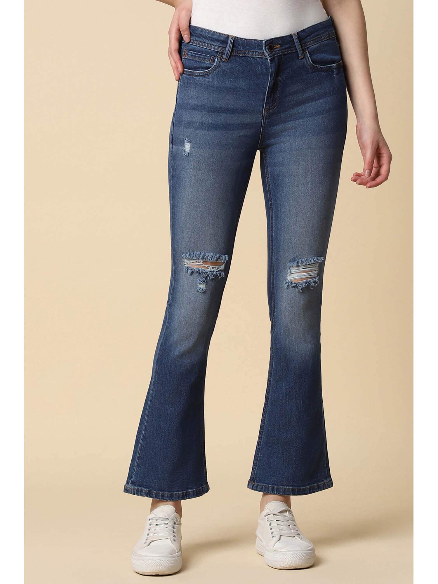 women navy regular fit mid wash jeans