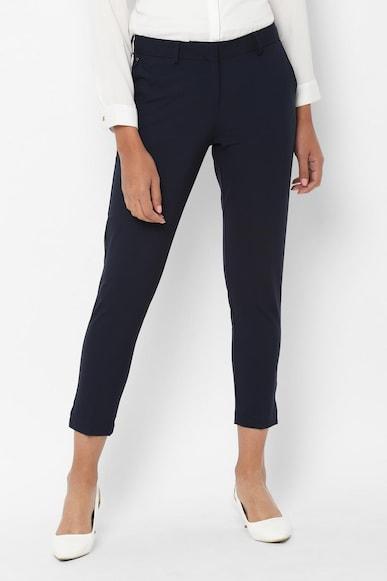 women navy regular fit solid business casual trousers