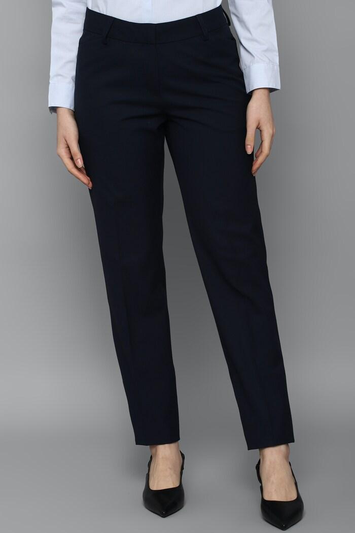 women navy regular fit solid casual trousers