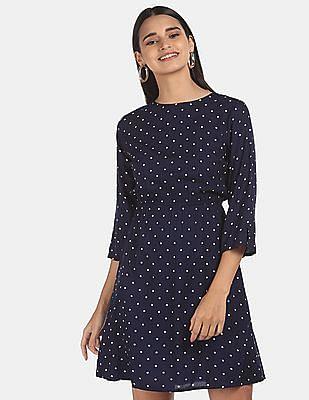 women navy round neck polka dot print dress