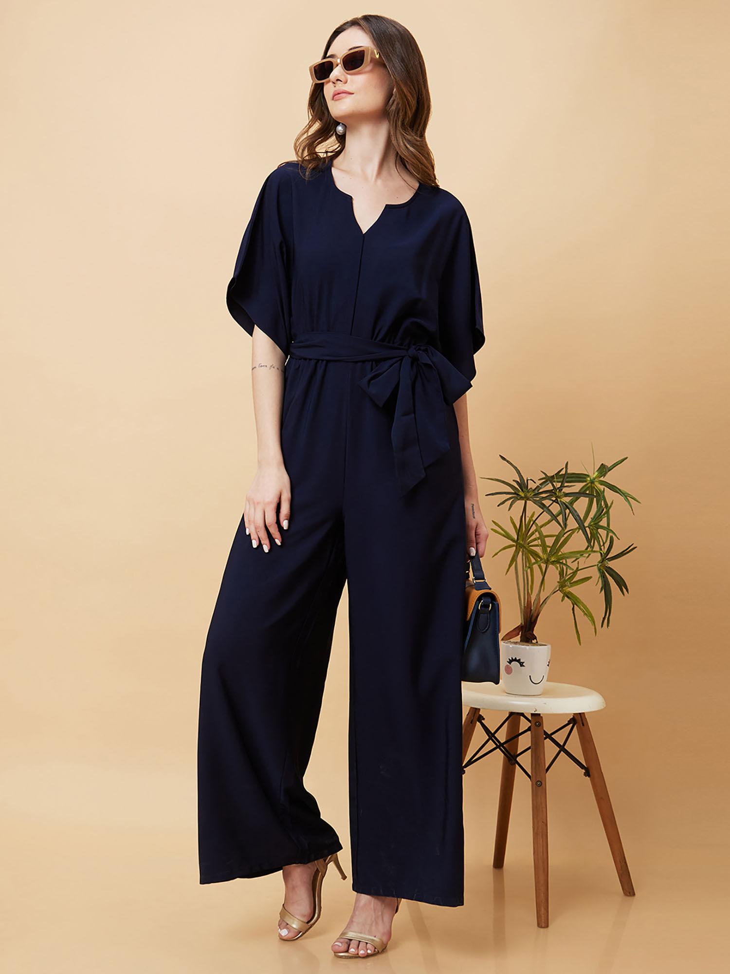 women navy round neck with v cut & kimono sleeves waist tie-up longline jumpsuit