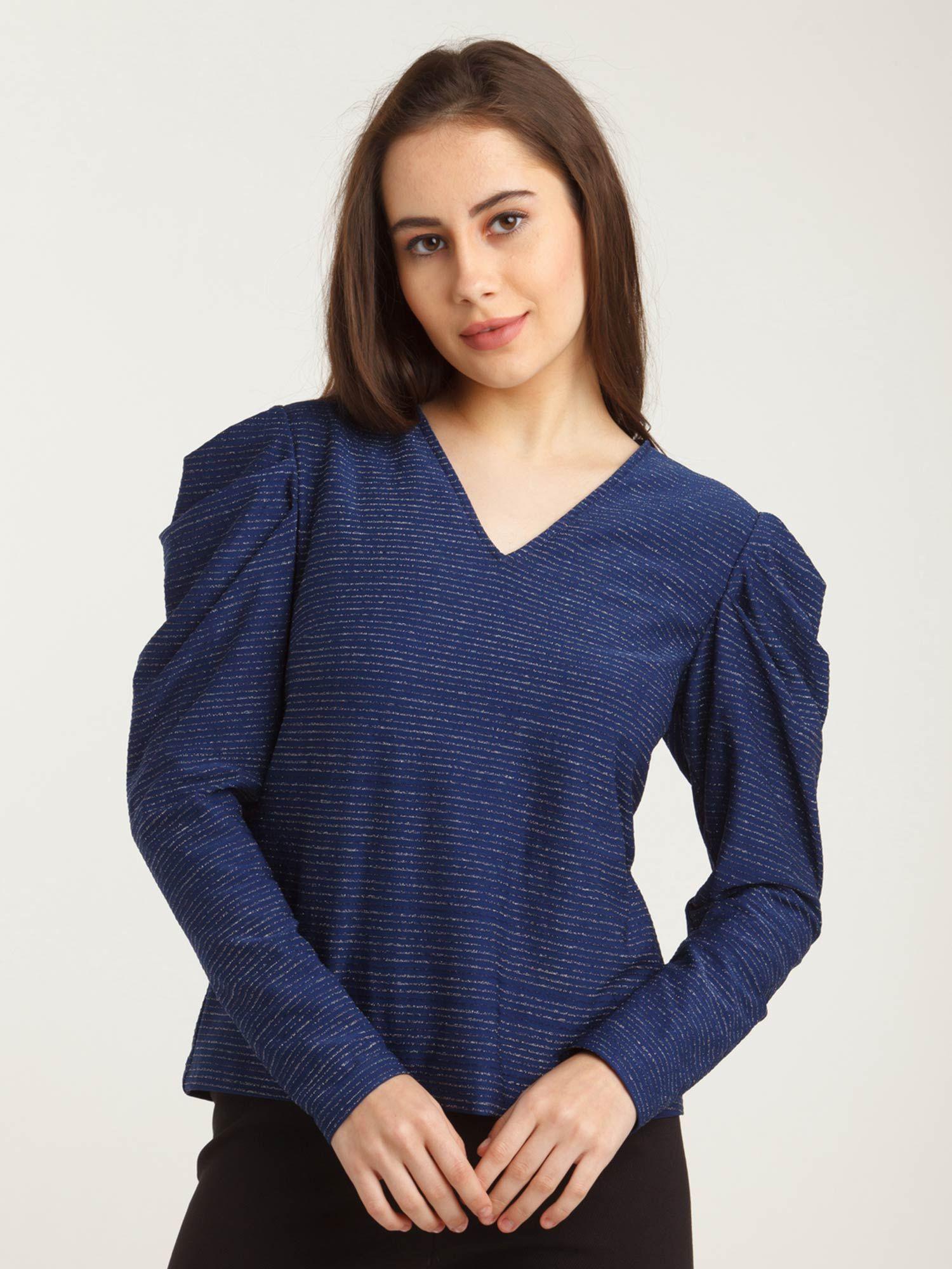 women navy sapphire volume sleeve top