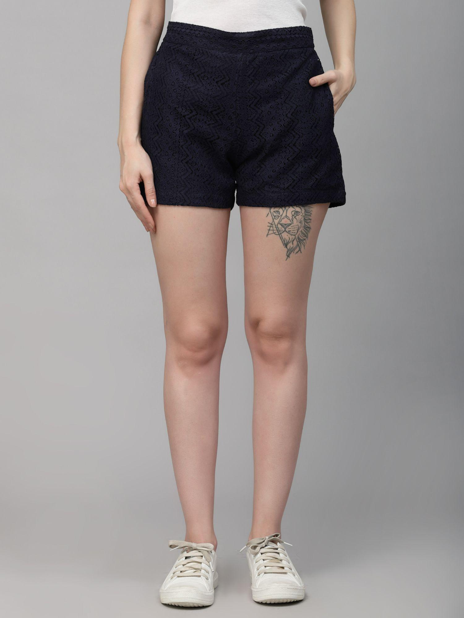 women navy self design polyester lace relaxed smart casual shorts