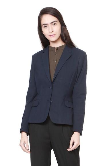 women navy solid casual blazer