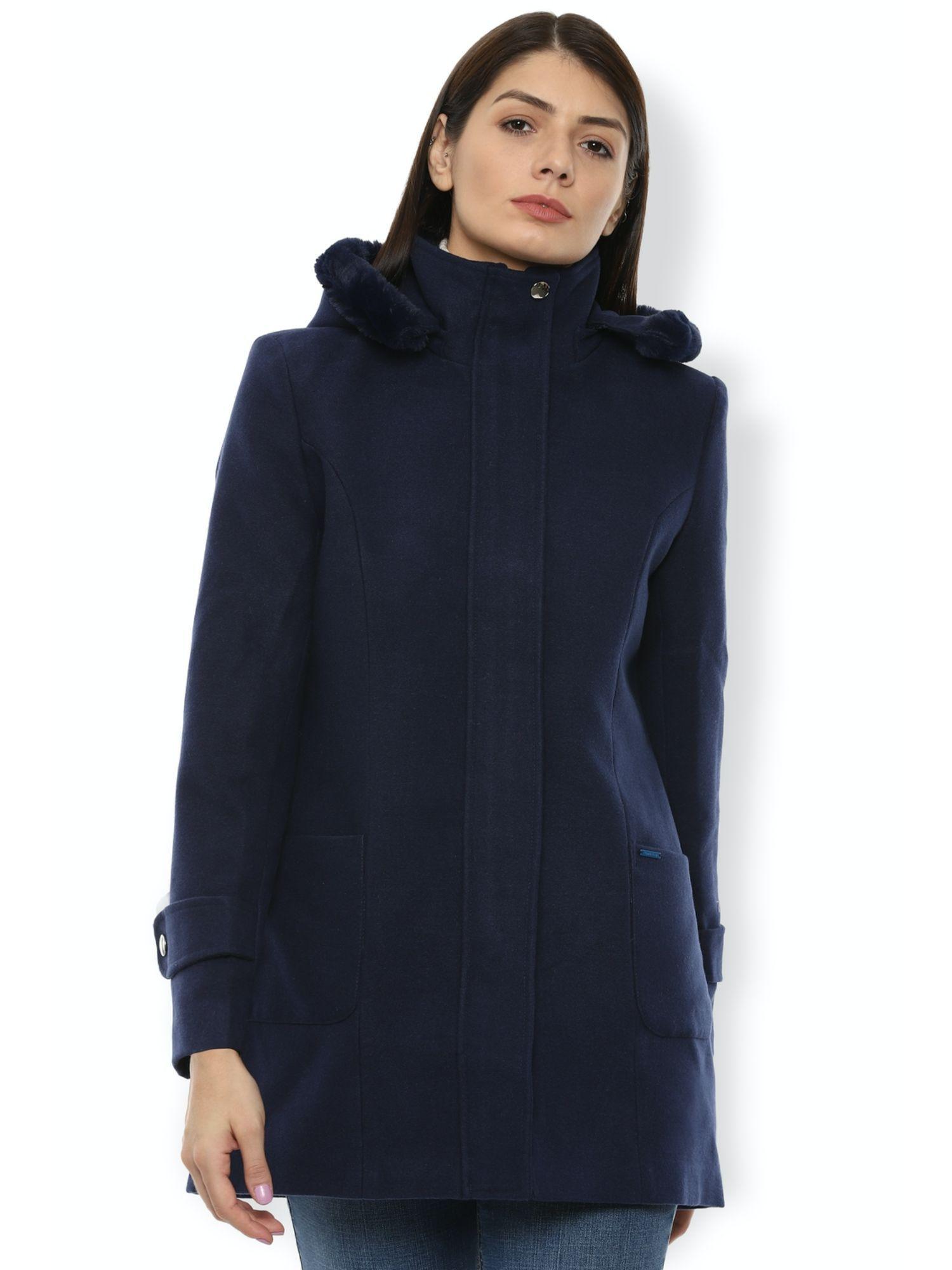 women navy solid casual jacket