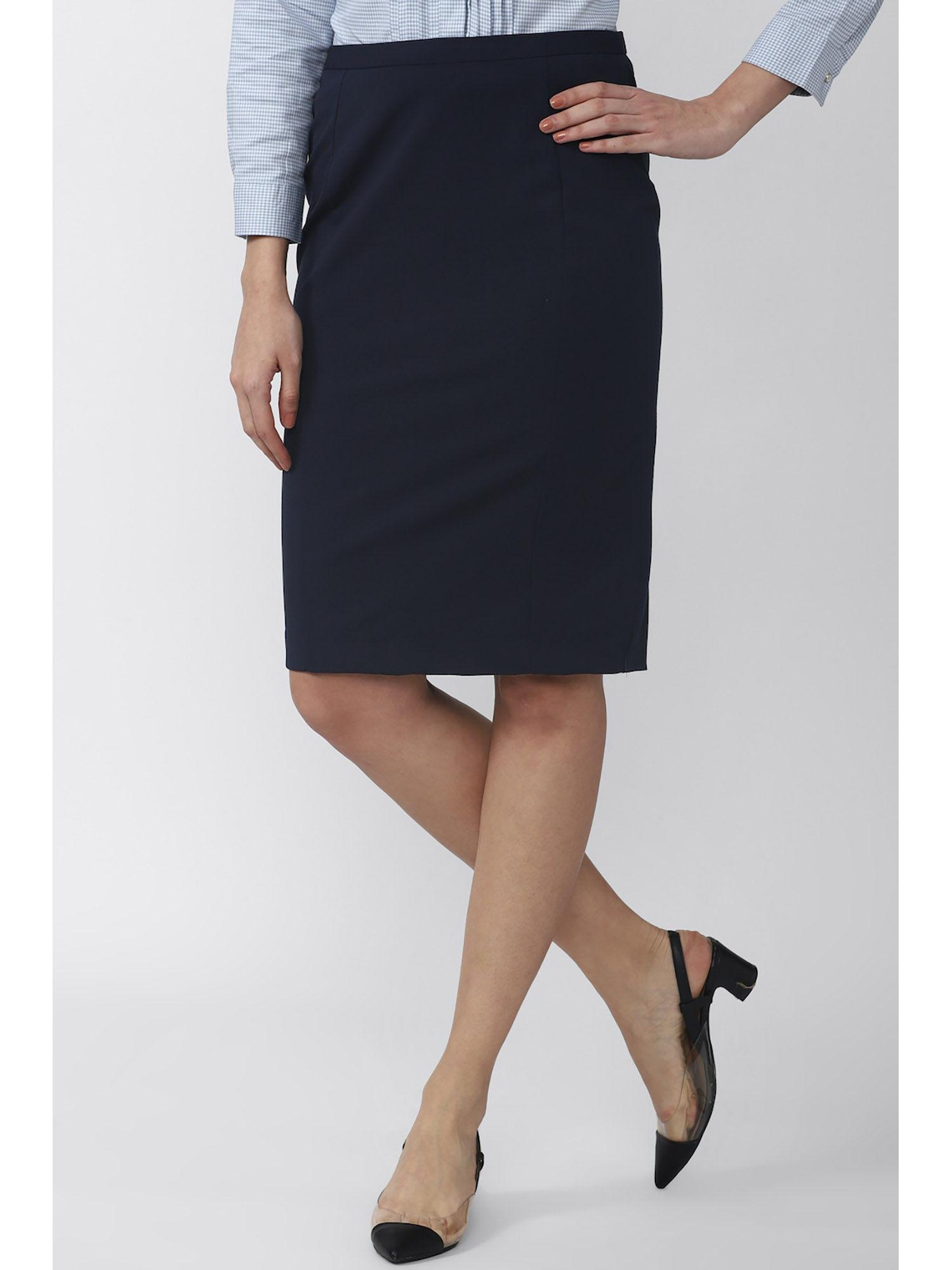 women navy solid casual knee length skirt
