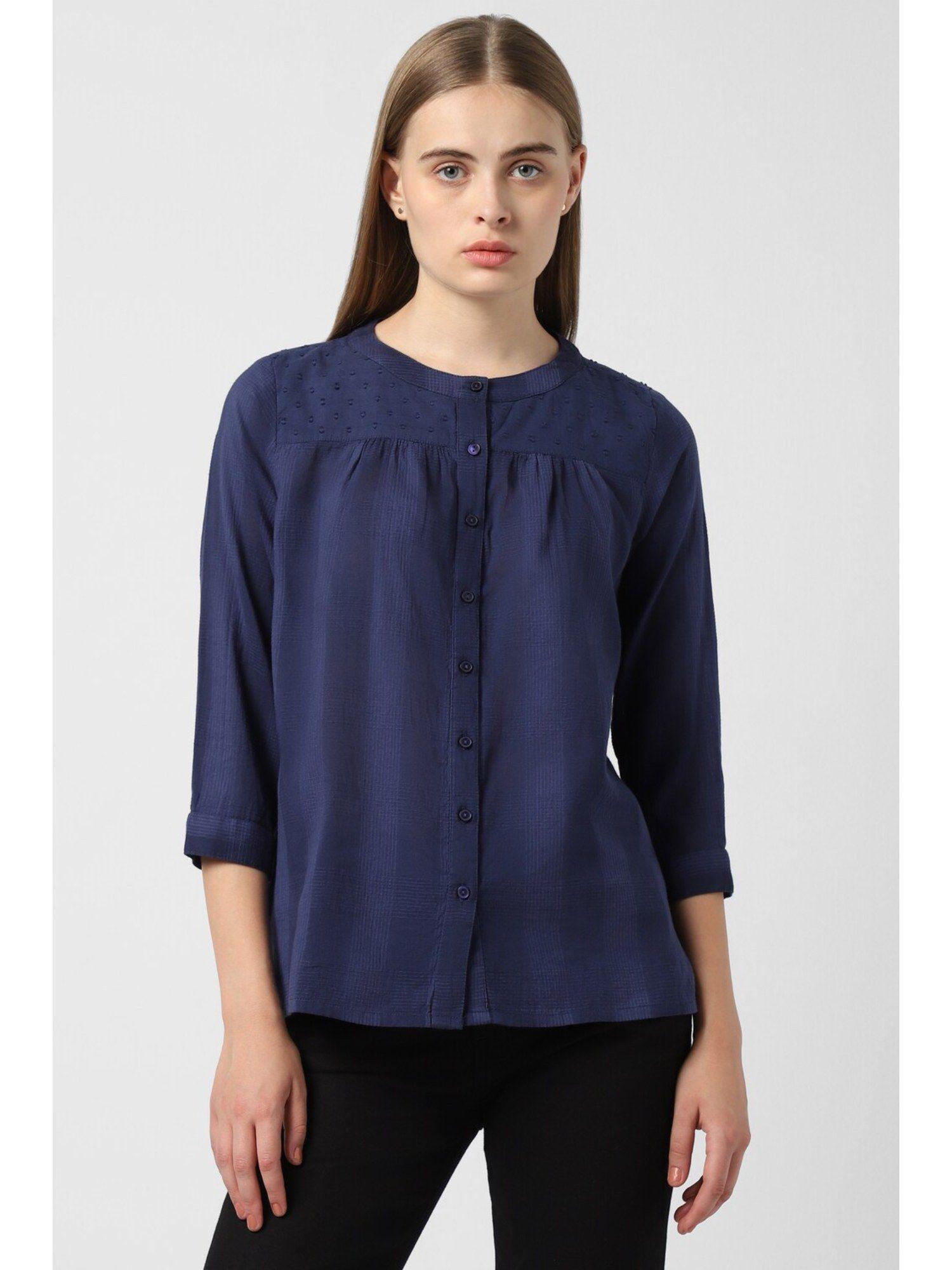 women navy solid casual round neck top